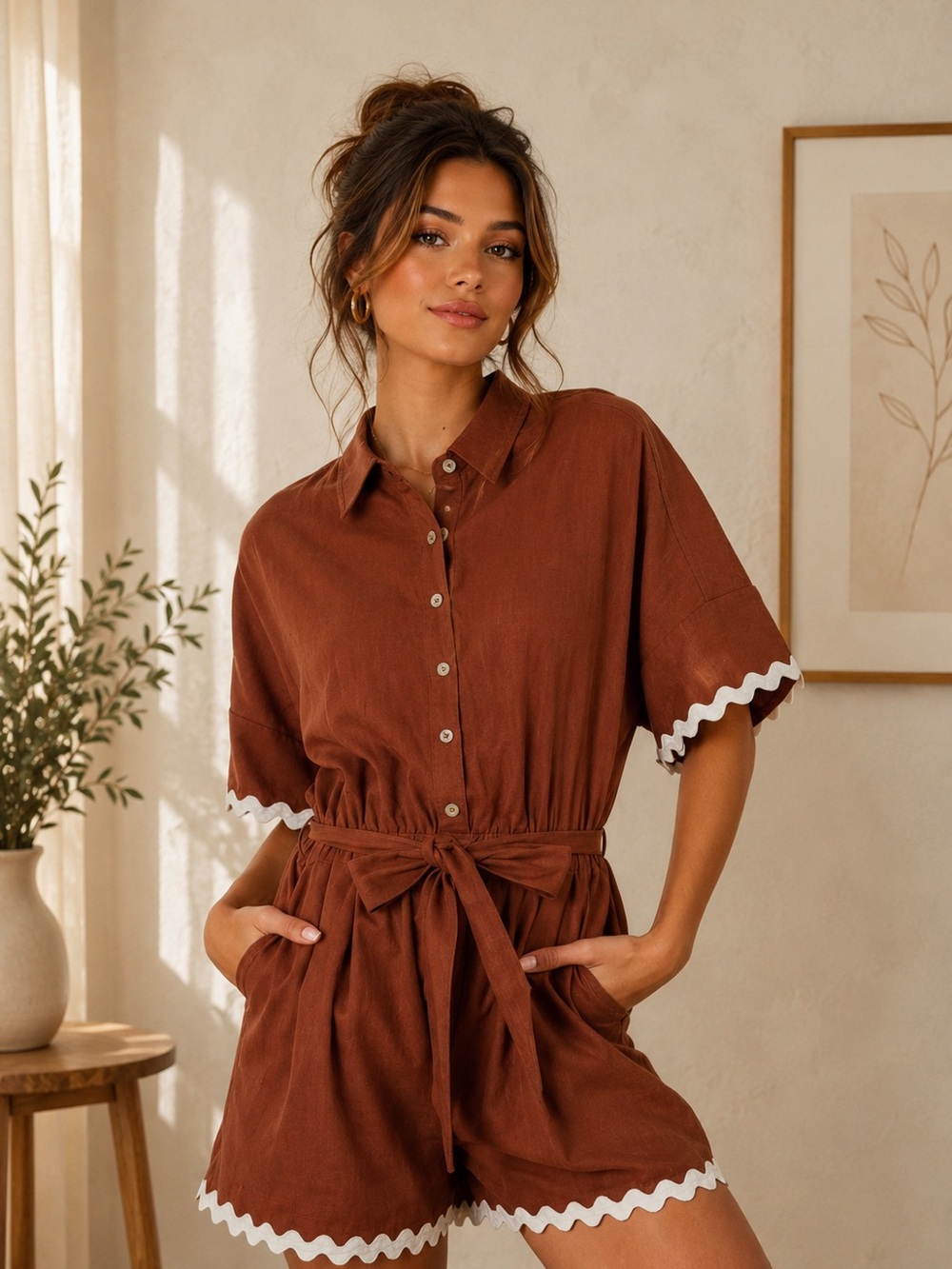 New With Tags Very J Rust Brown Ric Rac Trim Romper Size Small